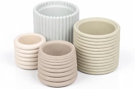 JONATHAN Y Silas Modern Minimalist Handmade Concrete Fluted Sculptural Cylinder Planter Set with Drainage Holes, Matte Soft Neutral (Set of 4) (PLN1000A-4SET) by JONATHANY