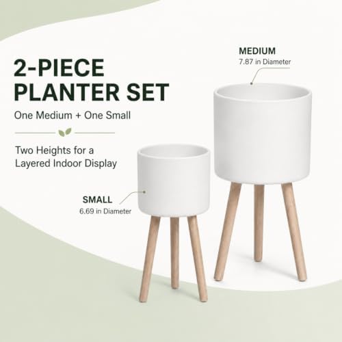 2 Pack Plant Stand Indoor Metal Planter Holder Wooden Leg Modern White - Image 4