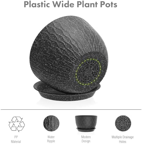 Meowell 12/10/9 inch Large Flower Pots, 3 Set Big Plant Pots for Outdoor Indoor Plants with Water Ripples, Wide Plastic Planters with Drainage Holes and Saucers for Garden House Plants, Speckled Black - Image 4