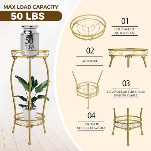 Kavlium Plant Stand Indoor Outdoor, Tall Metal, 2 Tier 27.1 Inch, Gold - Image 5