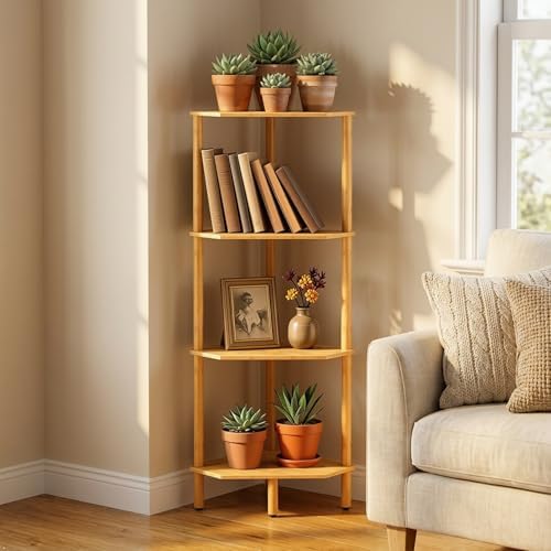 Corner Shelf Stand, 4 Tier Bamboo Corner Organizer, Narrow Tall Bookcase, Corner Shower Caddy, Plant Display Shelf, Open Storage Shelves for Living Room, Kitchen, Office, Balcony, Bathroom by Atoping