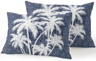 Outdoor Pillows Waterproof Set of 2, Tropical Palm Tree Patio Throw Pillows for Couch Bed Sofa with Insert, Vintage Dark Blue Exotic Botanical Plants Decorative Reading/Camping Pillow Set 12x20 Inch by Unknown