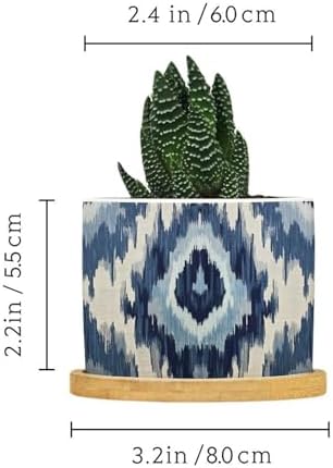 Blue Grey Ikat Planter Ceramic Solid Navy White Round Flower Pot with Drainage Holes and Bamboo Tray Pot for Succulents Cactus Garden Windowsill - Image 2