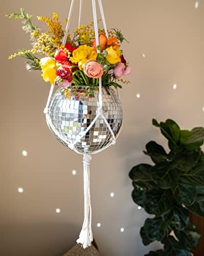 Disco Ball Planter 8" with Acrylic Base and Cotton Macrame Plant Hanger - for Home Décor, Room Décor, Boho Décor, Disco Decor - Image 3