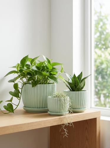 Flower Pots,Ceramic Plant Pots with Drainage Holes Set of 3（Light Green） - Image 7