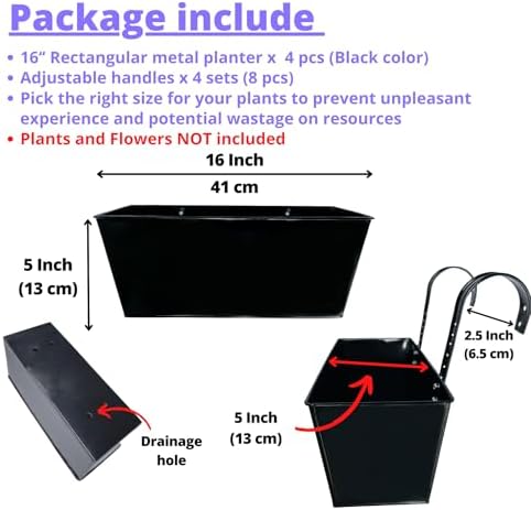 LaLaGreen Outdoor Rail Planter (16 in, 4 Pack) Black Metal Balcony Pots - Image 2