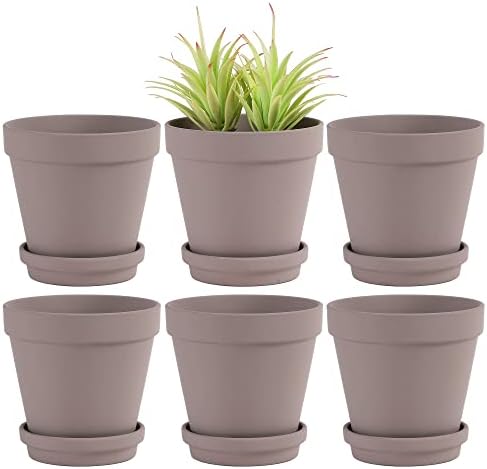 Yishang Large Terra Cotta Pots with Saucer- 6 Pack Large 6'' Terra Cotta Plant Pot with Drainage Hole, Flower Pot with Tray, Terracotta Pot for Indoor Outdoor Plant(Grey) by Yishang