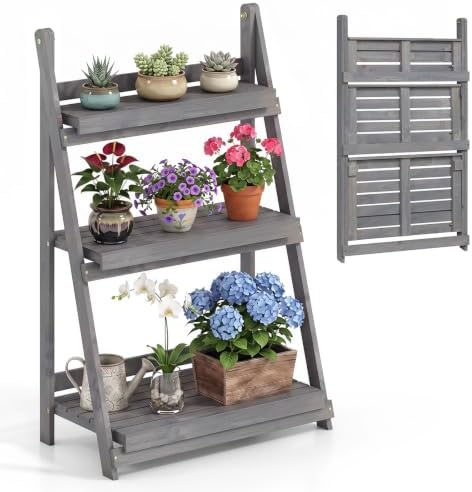 GIANTEX Foldable Wooden Plant Stand, 3-Tier Ladder Plant Shelf, Grey by Giantex