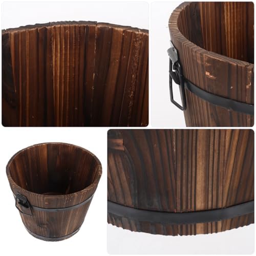 Vaguelly Rustic Wooden Barrels Planters Whiskey Barrels Bucket with Handle, Flower Planter Plant Pots Container Water Wishing Well Pail Garden Backyard Outdoor Indoor Decor - Image 5