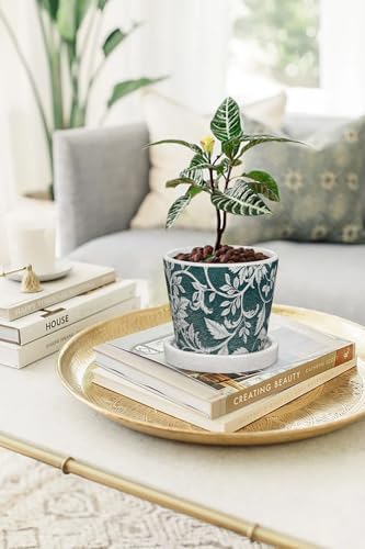 Set of 2 Ceramic Blue and White Plant Pots with Drainage Hole and Saucers, Vintage Farmhouse Accent Planters for Indoor Plants, Round Flower Pots Rustic Succulent Pot Terracotta Tubs 5.7/4.7 Inch - Image 5