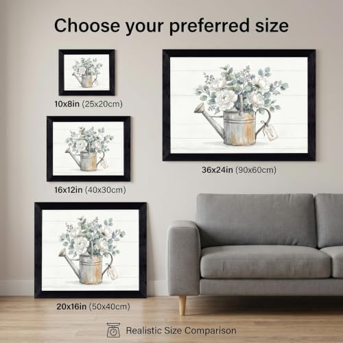 Framed Canvas Wall Art Vintage Peony Bouquet in Watering Can Sage Green Floral Canvas Print Poster Black Frame Wall Decor for Farmhouse Kitchen Botanical Art, Rustic Chic - Inch 12x16 - Image 3