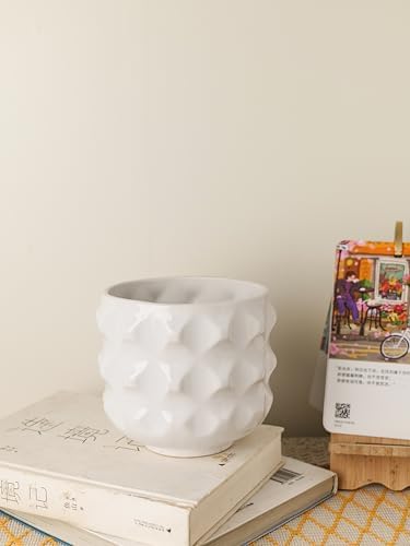 Ceramic Plant Pots, Geometry Textured Flower Pots Indooe/Outdoor, Modern Planter for Home Decor,Office,Bookshelf,Living Room, 5'' H (White) - Image 2