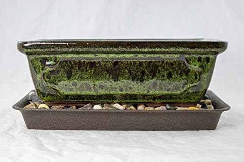 8" Rectangular Moss Green Bonsai Pot, Cactus & Succulent Planter + Tray + Rock + Mesh Combo (A768-8MG Combo) - Image 2