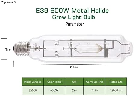 MH 600W Metal Halide Single Ended HID Grow Light Bulb Lamp High PAR Enhanced Blue and Violet Spectrums for Hydroponic Horticulture Vegetative Growth,CCT 6000K,55,000 Lumens,E39 Base - Image 3
