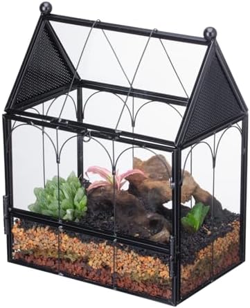 NCYP Small Glass Terrarium Enclosure with Mesh for Jumping Spiders, Micro House Shaped Small Spiders Vented Glass Terrarium, Home Decor Black, 5.8" x 3.8" x 7" (No Plants) by NCYP
