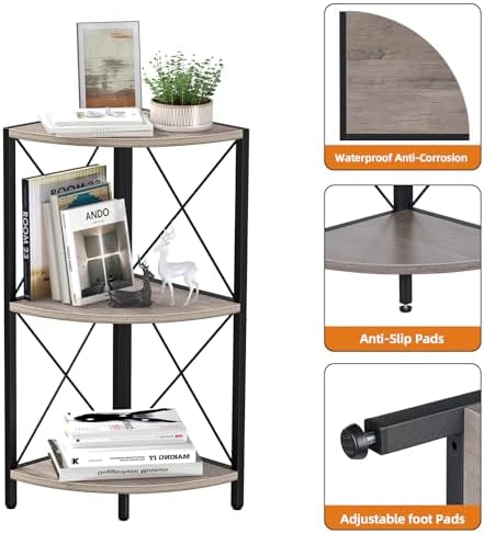 Snughome Corner Shelf for Desktop, 3-Tier Corner Storage Organizer with Metal Frame, Freestanding Corner Shelf Stand Display Rack for Kitchen Counter, Living Room, Grey - Image 7