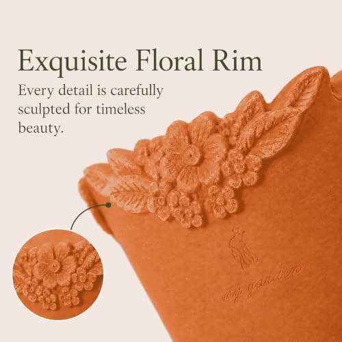 8 Inch Terracotta Plant Pots with Floral Rim and Saucer - Image 3