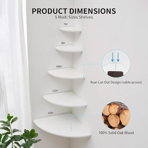 White Corner Wall Shelf 10inch Solid Oak Wood Floating Corner Shelf with Wire Hole Corner Wall Storage Display Shelves for Living Room Bedroom Bathroom Kitchen - Image 6