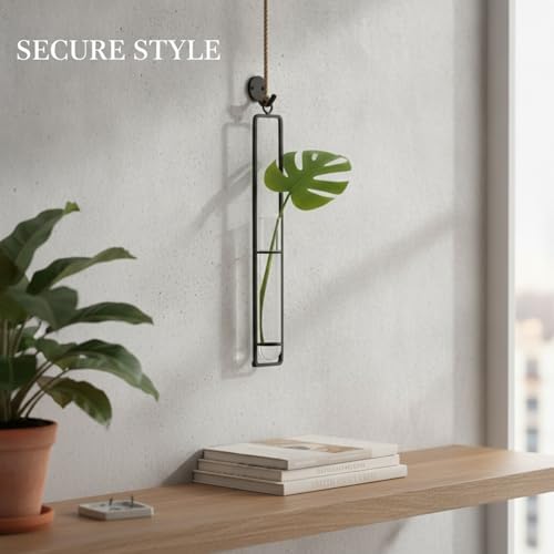 Hanging Glass Vase with Iron Frame, Wall Mounted Plant Holder for Single Stem, Matte Black Industrial Decor (1 PC) - Image 3