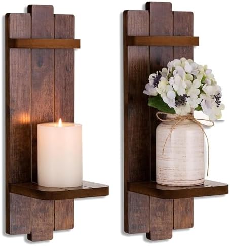 Wood Wall Candle Sconces Set of 2, Distressed Brown by Walasis
