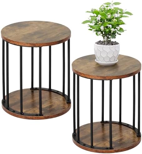 Plant Stand Indoor,small plant stool,Flower Pot Corner stand holder,Mid Century Heavy Duty Metal Tall Home Decor,Modern Round End Table,Small Rustic Display Stand for Living Room,Bedroom(Brown,2 Packs) by Leinade