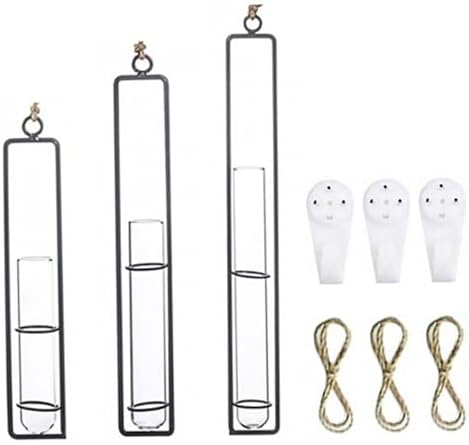 Hanging Glass Hydroponic Vase Set 3pcs with Test Tubes and Iron Frames, Wall-Mounted Plant Propagation Station for Home Décor and Garden Display, Includes 3 Hemp Ropes and 3 by Healvian