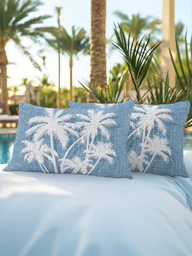 Tropical Palm Tree 12x20 Waterproof Outdoor Lumbar Pillows Set of 2 with Inserts, Vintage Sky Blue Exotic Botanical Plants Patio Decorative Cushion Pillows for Outdoor Sofa Bench Porch Balcony - Image 5