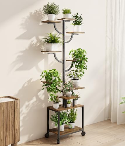 Plant Stand Indoor with Grow Lights - 9-Tier Plant Stand with Wheels, Tall Metal and Wood Indoor Plant Shelf with Tree Design, Rolling Flower Pot Holder Rack with Waterproof Finish, Adjustable Display Stand for Home Garden, Patio, 62" Tall - Image 2