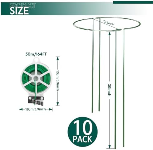 10 Pack 30 Inch Plant Support Stakes, Heavy-Duty Half Round Peony Support Ring Cage, Metal Garden Plant Stakes for Outdoor Plants - Peony, Tomato, Hydrangea with Cuttable Plant Ties - Image 2