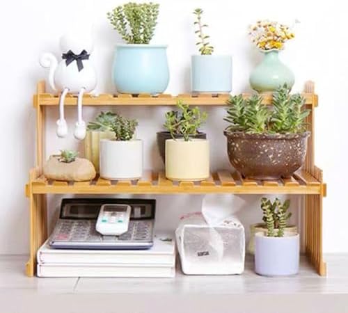 GURECOD 22.8" 2 Tiers Bamboo Plant Stand Shelf,Desk Flower Pot Holder,Adjustable Desktop Shelf Display Organizer Ladder Rack for Office Decorate Desk Shelving Storage Rack,Kitchen Rack (22.8" Length) - Image 2