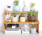 GURECOD 22.8" 2 Tiers Bamboo Plant Stand Shelf,Desk Flower Pot Holder,Adjustable Desktop Shelf Display Organizer Ladder Rack for Office Decorate Desk Shelving Storage Rack,Kitchen Rack (22.8" Length) - Image 2