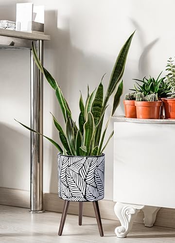 D'vine Dev 12 Inch Planter Pot with Wood Stand, White/Grey, 88-L-C-7 - Image 2