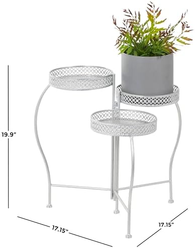 Deco 79 Metal Indoor Outdoor Plantstand Curved Folding 3 Tier Plant Shelf with Floral and Scroll Patterns, Plant Stand 17" x 17" x 20", Silver - Image 3