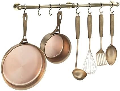 ROTHLEY Stainless Steel Hanging Pot Rack Hanger: 23.7 Inch Pot and Pan Hanger Wall Mounted Hanging Pot Bar Rack Heavy Duty Pot Hangers Kitchen Rail with 8 S Hooks (Antique Brass) by ROTHLEY