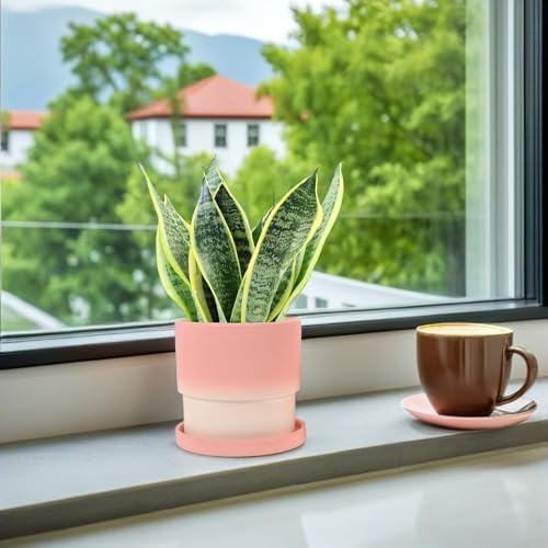 Ceramic Flower Pot Set 2pcs, Gradient Pink Round Terracotta Planters with Drainage Saucer, Breathable Succulent Containers for Indoor Desk and Bathroom Plants - Image 5