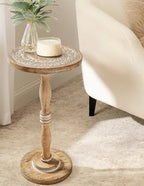 Hand-Carved Solid Wood End Table - 12x22 White Wash Finish Accent Side Table for Living Room, Bedroom Nightstand, Small Pillar Table for Plants or Décor - Image 6