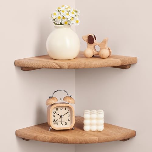 Floating Corner Shelves for Wall Set 2 10inch Solid Oak Rounded Corner Shelves Wall Mounted with Cable Hole Wood Corner Hanging Shelves for Living Room Bedroom Bathroom Kitchen by GIEANOO
