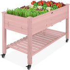 Best Choice Products Raised Garden Bed 48x24x32-inch Mobile Elevated Wood Planter w/Lockable Wheels, Storage Shelf, Protective Liner - Pink by BestChoiceProducts