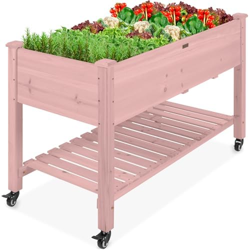 Best Choice Products Raised Garden Bed 48x24x32-inch Mobile Elevated Wood Planter w/Lockable Wheels, Storage Shelf, Protective Liner - Pink by BestChoiceProducts