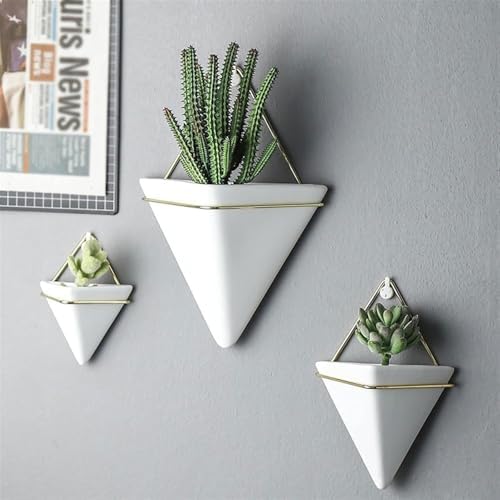 White,M,Wall Planters for Indoor Plants, Geometric Hanging Flower Vase Vessel with Metal Hanger, Creative Wall-Mounted Ceramic Planter - Image 5
