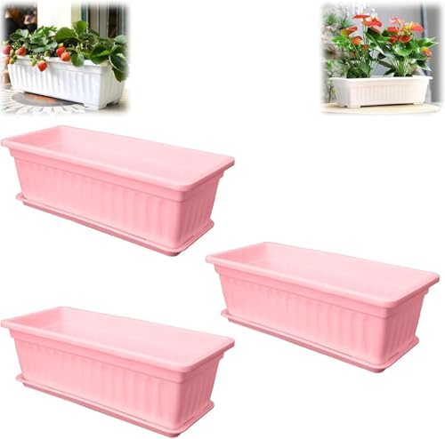 Window Box Planter for Outdoor & Indoor, Rectangular Flower Pot with Drainage Hole and Tray, Decorative Garden Planter Box for Windowsill Balcony Railing Garden and Patio (Pink, 3pc) by Unknown