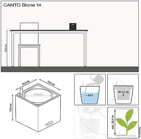 Lechuza Canto Stone 14 Stone Grey, Self-Watering Small Square Planter, H5.5 L5.5 W5.5 in - Image 3