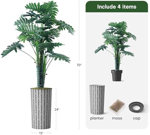 Artificial Tree in Black and White Geometric Planter, Fake Philodendron Tree Silk Tree for Indoor and Outdoor Home Decoration - 70" Overall Tall (Plant Pot Plus Tree) - Image 3