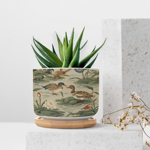 Garden Planters Ceramic Round Flower Pot with Drainage Holes and Bamboo Tray Pot for Succulents Cactus Garden Windowsill - Image 7