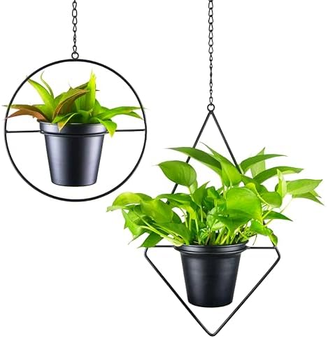 Modern Metal Hanging Planters Set of 2 - Round and Diamond Geometric Plant Hangers with 5 Inch Pots - Black Wall and Ceiling Mount Flower Holders for Indoor Houseplants, Boho Home Décor by HemePaha