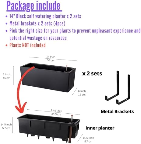 LaLaGreen Wall Planters for Outdoor (2 Pack, 14 Inch) Black Self Watering System Hanging Plant Box Flower Pot, Rectangular Wall Mount Indoor Vertical Living Garden Decoration Window Sill Herb Trendy - Image 2