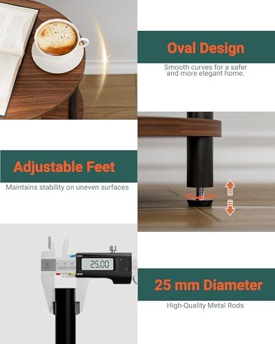 Small Round Side Table - 3-Tier Oval Accent Table for Small Spaces, Rustic Wood and Metal Couch End Table, Nightstand for Bedroom or End Table Living Room, Set of 2, Rustic Walnut - Image 3