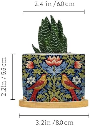 Red Bird Floral Flower Planter Ceramic Chinoiserie Asian Botanical Round Plant Pots with Drainage Holes and Bamboo Tray Pot for Indoor Outdoor Garden - Image 2
