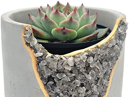 4 Inch Crystal Plant Pot with Saucer - Cement Geode Planter - Concrete Pots for Plants - Modern Succulent Pot Indoor - Unique Air Plant Holder - Candle Holder - Small Plant Home Decor (Smoky Quartz) - Image 4