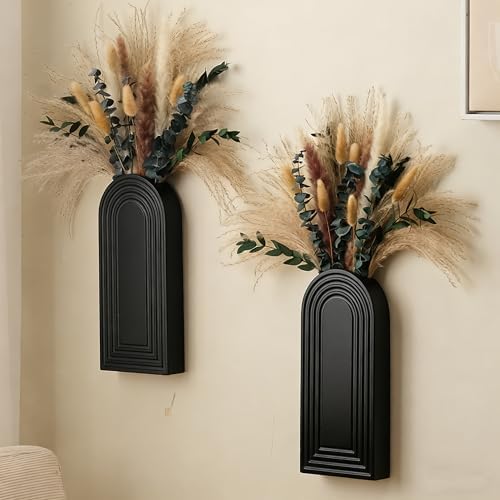 2 Pack Wooden Wall Vase Set with Pampas Grass Eucalyptus, Modern Farmhouse Boho Wall Decor for Living Room, Entryway, Hallway, Bathroom, Dining Room, Black Wall Art for Home Decoration - Image 6